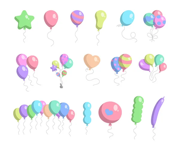 Balloons Different Sizes Shapes Bright Festive Decorations Vector Drawing Collection — Stock Vector