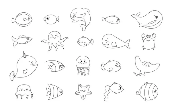 Карикатурные Водные Животные Раскрашивание Страницы Рыбные Персонажи Подводного Мира Морская — стоковый вектор