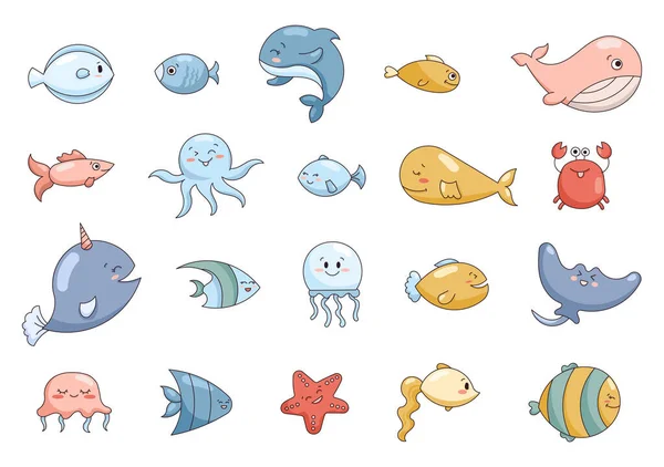 Zeichentrick Wassertiere Fische Charaktere Unterwasserwelt Meeresleben Vektorzeichnung Sammlung Von Gestaltungselementen — Stockvektor