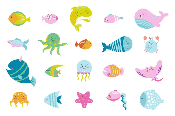 Карикатурные Водные Животные Рыбные Персонажи Подводного Мира Морская Жизнь Векторный — стоковый вектор