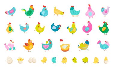 Tavuk horozu ve piliç. Sevimli tavuk çiftliği karakterleri. Vektör çizimi. Tasarım elementlerinin koleksiyonu.