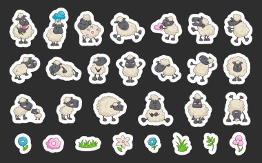 Koyun karakteri çizgi filmi. Etiket Yer İmi. Şirin çiftlik hayvanı. Çiçek, ot, bitki. Vektör çizimi. Tasarım elementlerinin koleksiyonu.