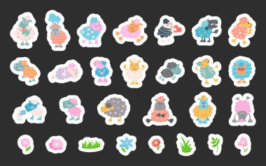 Koyun karakteri çizgi filmi. Etiket Yer İmi. Şirin çiftlik hayvanı. Çiçek, ot, bitki. Vektör çizimi. Tasarım elementlerinin koleksiyonu.