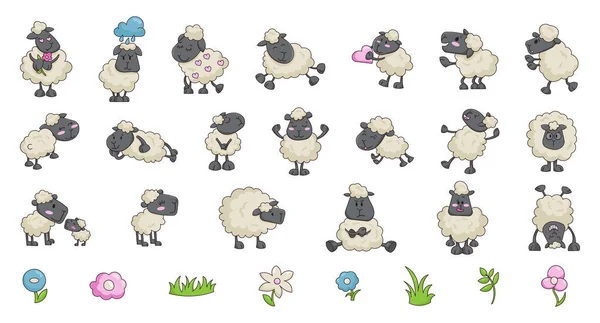 Zeichentrickfilm Für Schafe Niedliches Nutztier Blume Gras Pflanze Vektorzeichnung Sammlung — Stockvektor