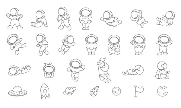 穿着宇航服的可爱宇航员 着色页 卡通宇航员的角色 科学技术 矢量绘图 设计要素的收集 — 图库矢量图片