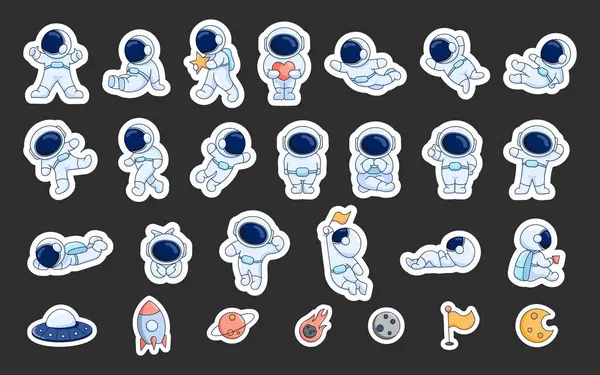 宇宙服でかわいい宇宙飛行士 ステッカーブックマーク 漫画の宇宙飛行士キャラクター 科学技術について ベクター図面 デザイン要素のコレクション — ストックベクタ