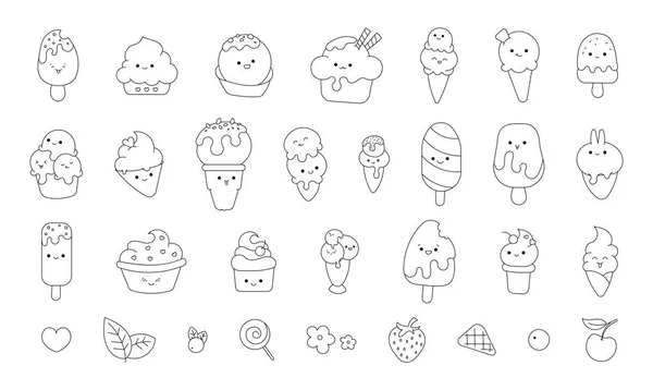 Симпатичное Мороженое Раскрашивание Страницы Смешные Мультяшные Персонажи Счастливые Веселые Эмоции — стоковый вектор