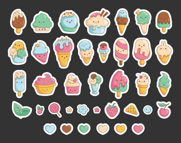Cute Ice Cream Sticker Bookmark Funny Cartoon Characters Happy Cheerful — Stock Vector