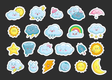 Hoş hava karakterleri. Etiket Yer İmi. Hava tahmini. Vektör çizimi. Tasarım elementlerinin koleksiyonu.