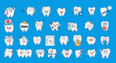Sevimli diş karakteri. Bakım ve temizlik konsepti. Sabah rutini. Diş hekimliği. Vektör çizimi. Tasarım elementlerinin koleksiyonu.