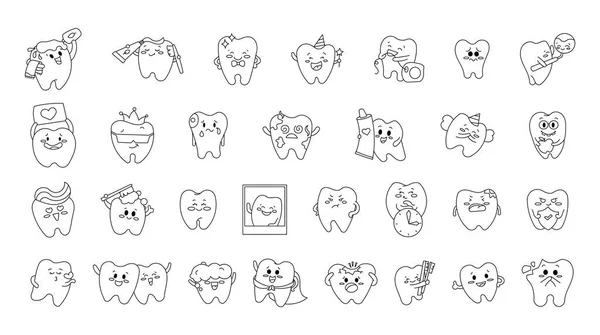 可爱的牙齿字符 着色页 护理和清洁的概念 早上例行公事牙科学 矢量绘图 设计要素的收集 — 图库矢量图片