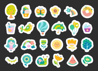 Yılın yaz zamanı. Etiket Yer İmi. Şirin gökkuşağı, çiçek, kelebek, toplar, kuş, kek, güneş ve daha fazlası. Vektör çizimi. Tasarım elementlerinin koleksiyonu.