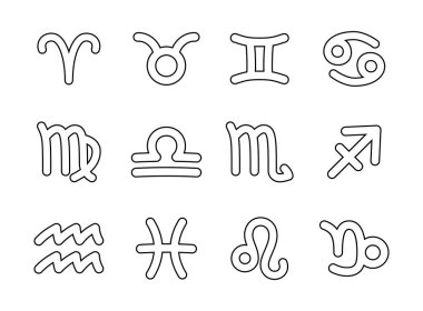 Zodiac 'ın astrolojik işaretleri. Boyama sayfası. Koç, Boğa, İkizler, Kanser, Başak, Terazi, Akrep, Yay, Kova, Balık, Aslan, Oğlak. Vektör çizimi. Tasarım elementlerinin koleksiyonu.