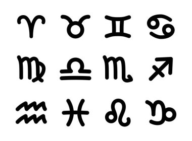 Zodiac 'ın astrolojik işaretleri. Siluet görüntüsü. Koç, Boğa, İkizler, Kanser, Başak, Terazi, Akrep, Yay, Kova, Balık, Aslan, Oğlak. Vektör çizimi. Tasarım elementlerinin koleksiyonu.