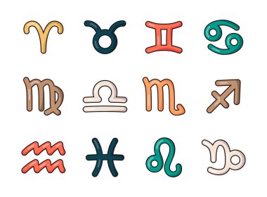 Zodiac 'ın astrolojik işaretleri. Koç, Boğa, İkizler, Kanser, Başak, Terazi, Akrep, Yay, Kova, Balık, Aslan, Oğlak. Vektör çizimi. Tasarım elementlerinin koleksiyonu.