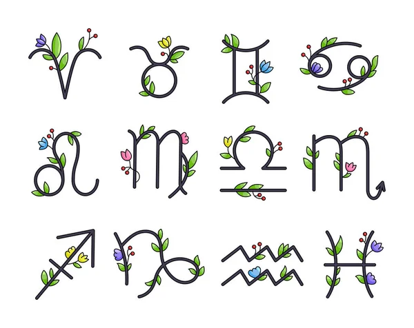 葉と花のゾディアックサイン アストロジカルホロスコープ ベクター図面 デザイン要素のコレクション — ストックベクタ