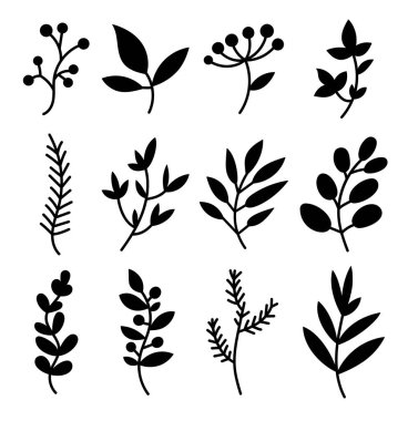 Böğürtlen. Siluet görüntüsü. Noel bitkisi dekoru. Vektör çizimi. Tasarım elementlerinin koleksiyonu.