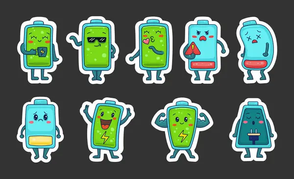 Personnage Bande Dessinée Batterie Sticker Signet Charge Complète Faible Dessin — Image vectorielle