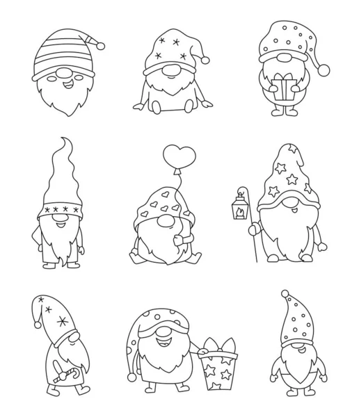 Mignon Gnome Noël Coloriage Joyeux Nouvel Dessin Vectoriel Collection Éléments — Image vectorielle