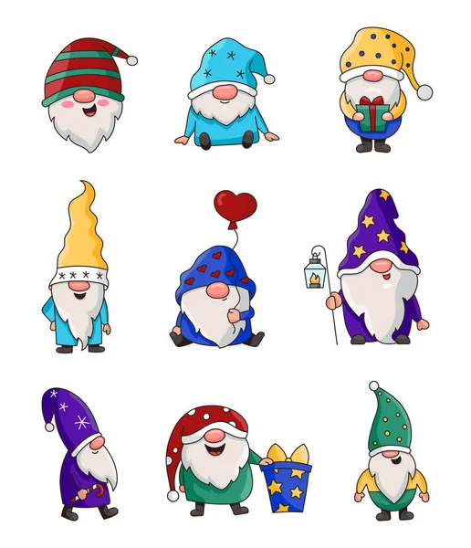 Mignon Gnome Noël Joyeux Nouvel Dessin Vectoriel Collection Éléments Design — Image vectorielle