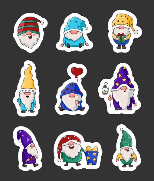 Mignon Gnome Noël Sticker Signet Joyeux Nouvel Dessin Vectoriel Collection — Image vectorielle