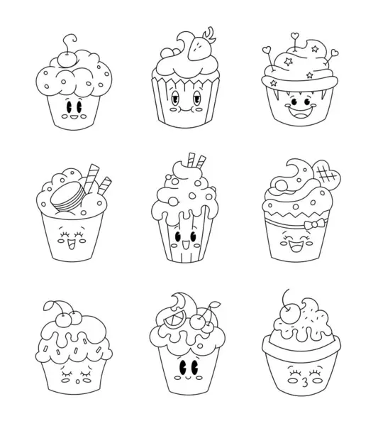 Lindo Personaje Cupcake Página Para Colorear Curiosa Pastelería Dulce Sabrosa — Archivo Imágenes Vectoriales