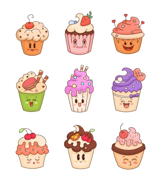 Mignon Personnage Cupcake Drôle Boulangerie Sucrée Savoureuse Dessin Vectoriel Collection — Image vectorielle