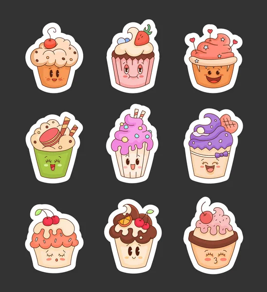 Cute Cupcake Character Sticker Bookmark Funny Tasty Sweet Bakery Vector — Stock Vector