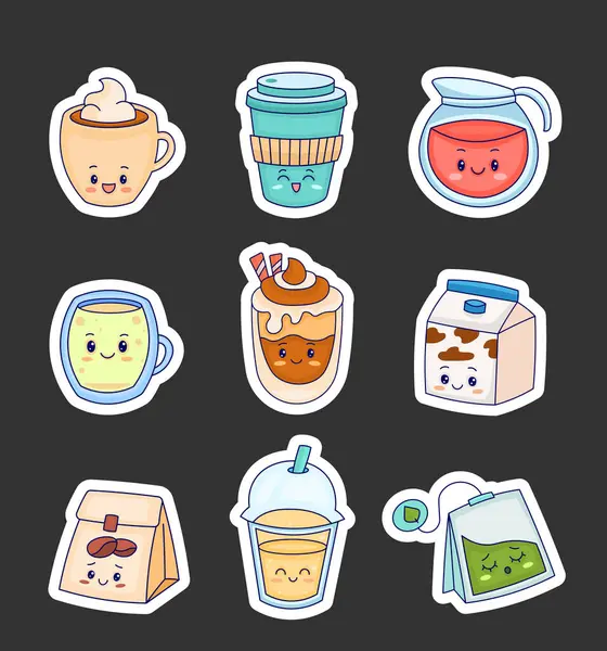 Leuke Kawaii Karakter Koffie Thee Sticker Bladwijzer Cartoon Cup Mok — Stockvector