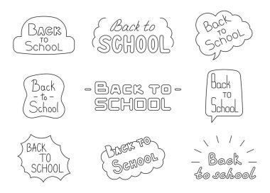 Okula tekrar hoş geldin. Boyama sayfası. Kaligrafi tipografisinden alıntı yap. Vektör çizimi. Tasarım elementlerinin koleksiyonu.