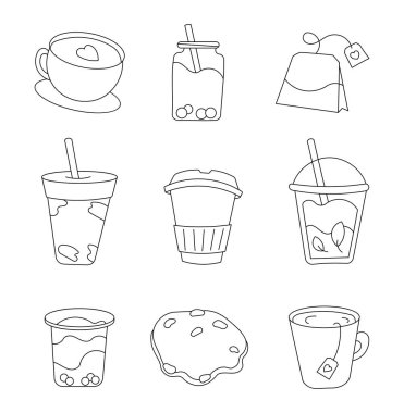 Kahve, çay kapuçino. Boyama sayfası. Günaydın sıcak içecek. Kahve molası. Vektör çizimi. Tasarım elementlerinin koleksiyonu.