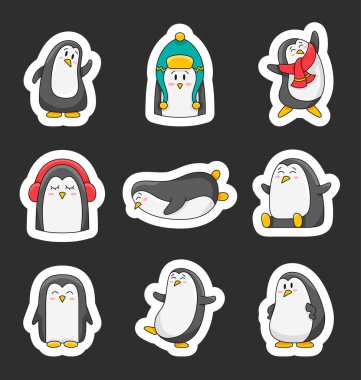 Tatlı çizgi film penguen karakterleri. Etiket Yer İmi. Kış hayvanları. Antarktika kuşu. Vektör çizimi. Tasarım elementlerinin koleksiyonu.