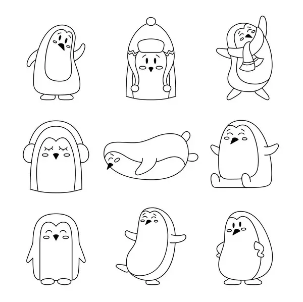 Lindos Personajes Pingüino Dibujos Animados Página Para Colorear Animales Invierno — Archivo Imágenes Vectoriales