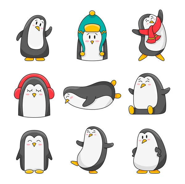 可爱的卡通企鹅角色 冬季动物 南极鸟矢量绘图 设计要素的收集 — 图库矢量图片