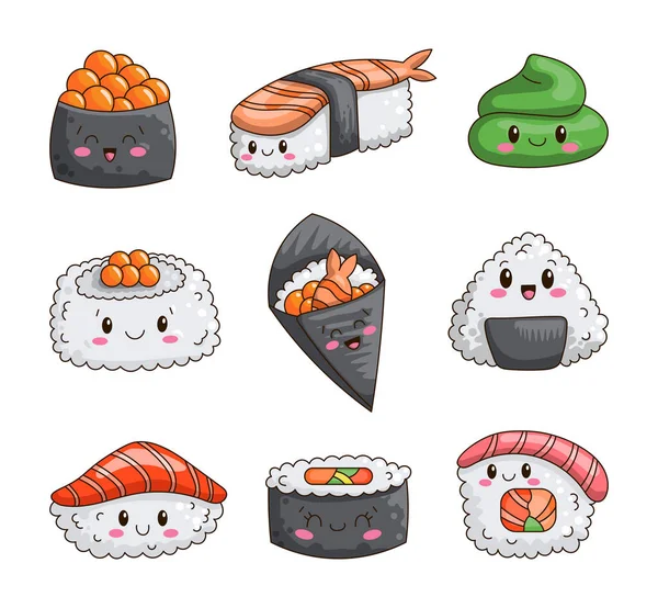 Cute Sushi Characters Funny Asian Food Vector Drawing Collection Design — Stock Vector