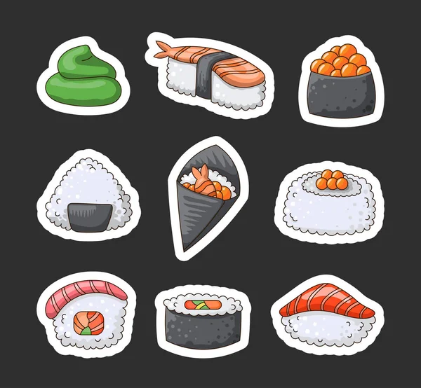 Sushi Wasabi Etiqueta Marcador Comida Japonesa Dibujo Vectorial Colección Elementos — Vector de stock