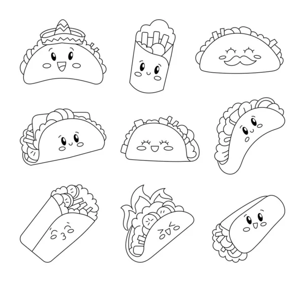 Taco Burrito Personages Kleurplaat Leuk Mexicaans Fastfood Vectortekening Verzameling Van — Stockvector
