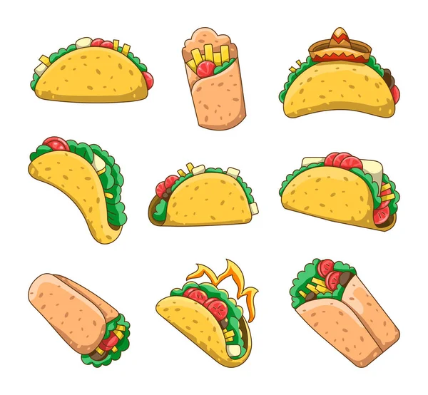 Smaczne Taco Burrito Meksykańskie Fast Foody Rysunek Wektora Zbiór Elementów — Wektor stockowy