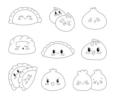 Dim Sum 'un çizgi film karakteri. Boyama sayfası. Asya yemeği menüsü. Geleneksel gülen yüzlü Çin börekleri. Vektör çizimi. Tasarım elementlerinin koleksiyonu.