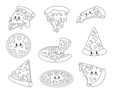 Komik pizza karakteri. Boyama sayfası. Mutlu yüzlü şirin bir fast food çizgi filmi. Vektör çizimi. Tasarım elementlerinin koleksiyonu.