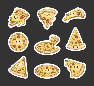 Komik pizza karakteri. Etiket Yer İmi. Mutlu yüzlü şirin bir fast food çizgi filmi. Vektör çizimi. Tasarım elementlerinin koleksiyonu.
