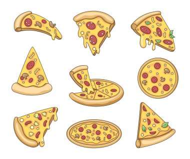 Lezzetli pizza. Fast food. Vektör çizimi. Tasarım elementlerinin koleksiyonu.