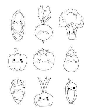 Komik sebze çizgi karakterleri. Boyama sayfası. Sağlıklı yiyecek ve hasat. Sebze kawaii. El çizimi stili. Vektör çizimi. Tasarım elementlerinin koleksiyonu.
