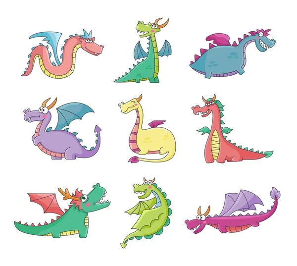 Feliz Dragón Divertido Lindo Personaje Monstruos Cuento Hadas Estilo Dibujado — Archivo Imágenes Vectoriales