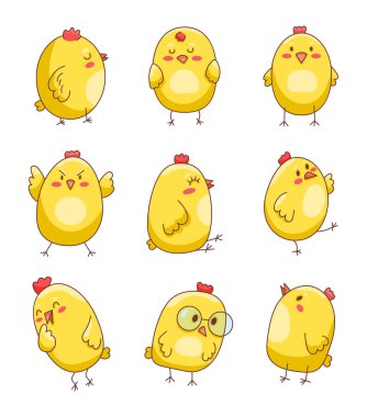 Küçük şirin çizgi film tavuğu. Paskalya kuşu sembolü. Çiftlik hayvanları. Vektör çizimi. Tasarım elementlerinin koleksiyonu.