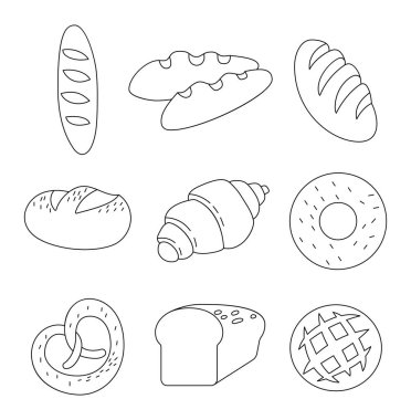 Fırın ürünü. Ekmek, ekmek, baget, turta, çörek. El çizimi stili. Boyama sayfası. Vektör çizimi. Tasarım elementlerinin koleksiyonu.
