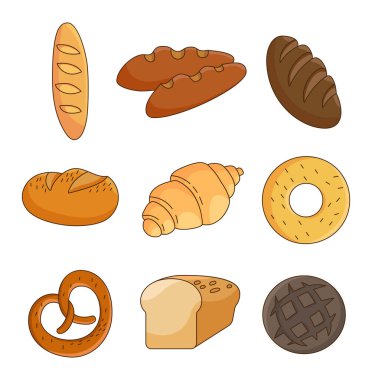 Fırın ürünü. Ekmek, ekmek, baget, turta, çörek. El çizimi stili. Vektör çizimi. Tasarım elementlerinin koleksiyonu.