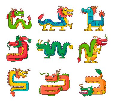 Geleneksel Japon ejderhası. Asya ve Doğu mitolojik yaratıkları. El çizimi stili. Vektör çizimi. Tasarım elementlerinin koleksiyonu.