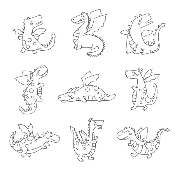Feliz Dragón Divertido Página Para Colorear Lindo Personaje Monstruos Cuento — Archivo Imágenes Vectoriales