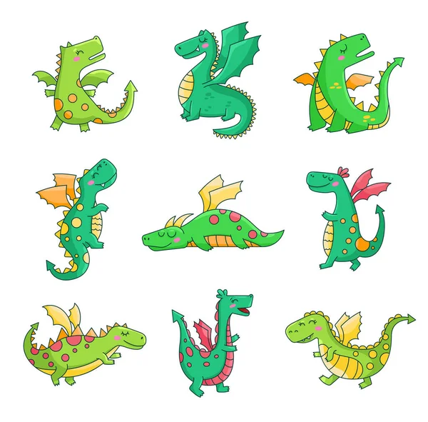 Feliz Dragón Verde Divertido Lindo Personaje Monstruos Cuento Hadas Estilo — Archivo Imágenes Vectoriales